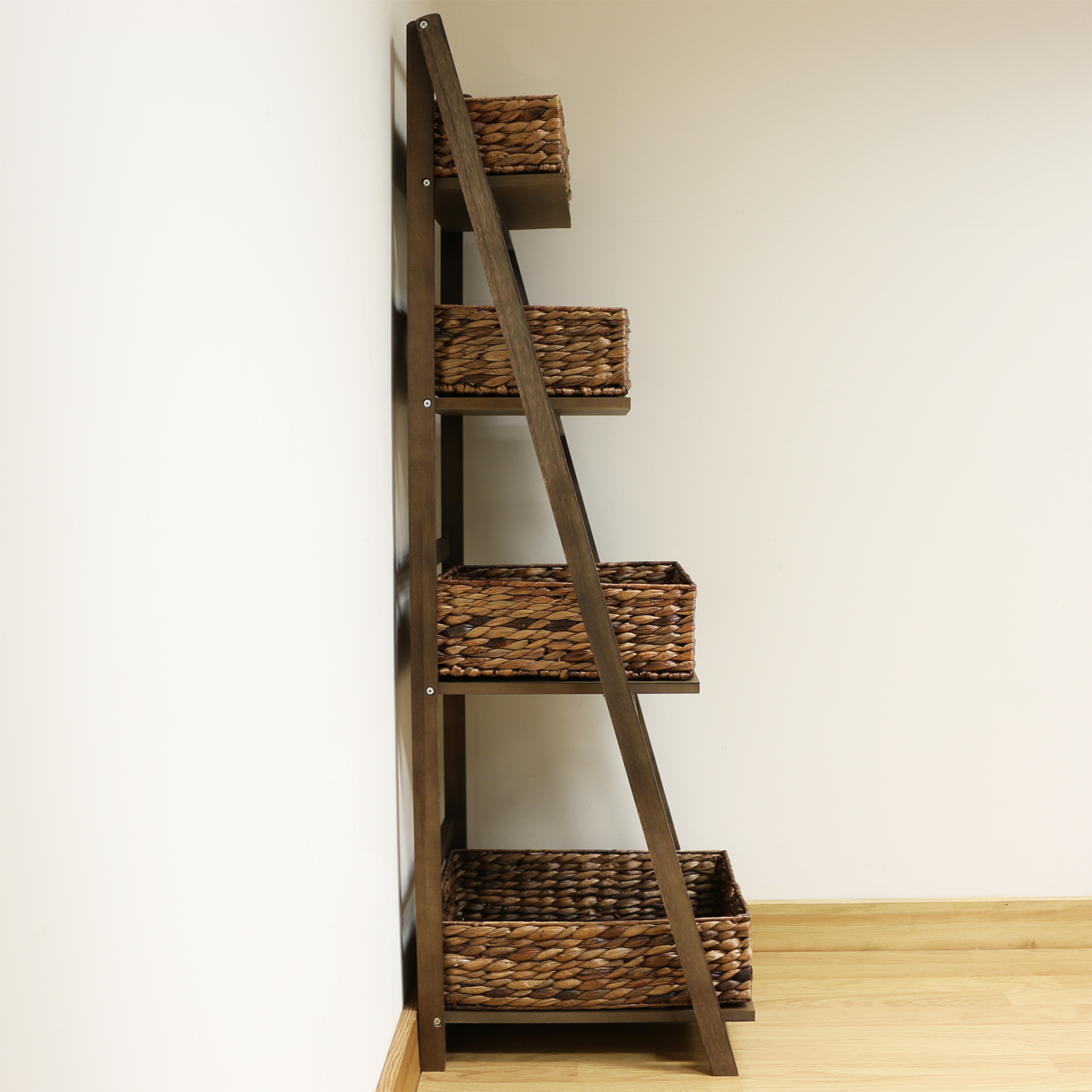 Dark Brown 4 Tier Wooden Ladder Shelf Display Unit & Wicker Storage Baskets Set eBay